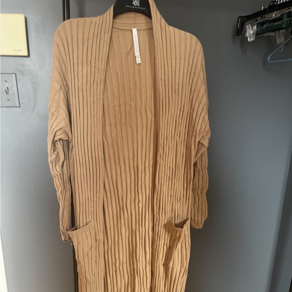 Aritzia Tan Ribbed Long Cardigan